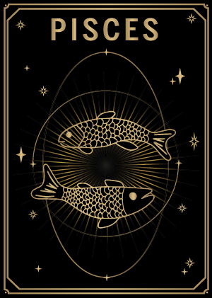 Black and gold tarot style card with the zodiac sign Pisces MYA—BAY