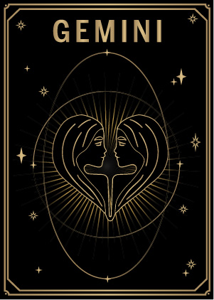 Black and gold tarot card with Gemini zodiac sign MYA—BAY
