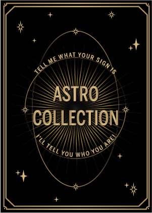 Black and gold tarot style card with inscription tell me what is your sign, I will tell you who you are astro collection MYA—BAY