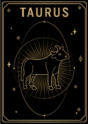 Black and gold tarot style card with the second sign of the zodiac: taurus MYA—BAY