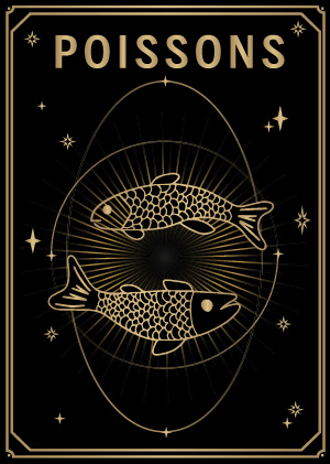 Carte noire et dorée style tarot avec le signe du zodiaque poissons MYA—BAY