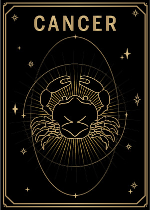 Carte noire et dorée style tarot avec le signe du zodiaque cancer MYA—BAY