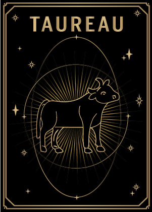 Carte noire et dorée style tarot avec le deuxième signe du zodiaque : taureau MYA—BAY