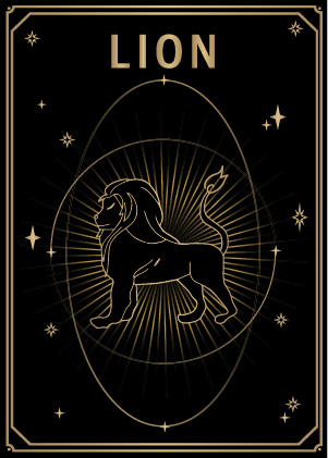 Carte noire et dorée style tarot avec le signe du zodiaque lion MYA—BAY