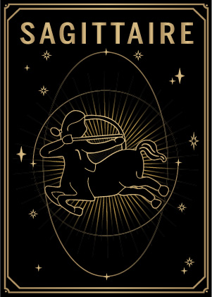Carte noire et dorée style tarot avec le signe du zodiaque sagittaire MYA—BAY