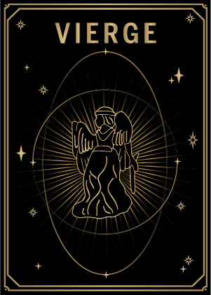 Carte noire et dorée style tarot avec le signe du zodiaque vierge MYA—BAY