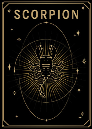 Carte noire et dorée style tarot avec le signe du zodiaque scorpion MYA—BAY