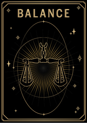 Carte noire et dorée style tarot avec le signe du zodiaque balance MYA—BAY