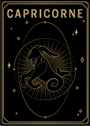 Carte noire et dorée style tarot avec le signe du zodiaque capricorne MYA—BAY