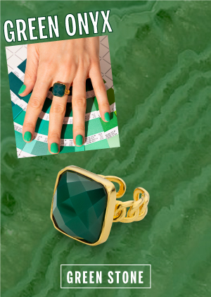 Frame on green Onyx natural stone with a ring with a green square stone