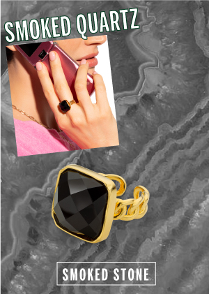 Frame on natural stone Smoky Quartz with a ring with a black square stone